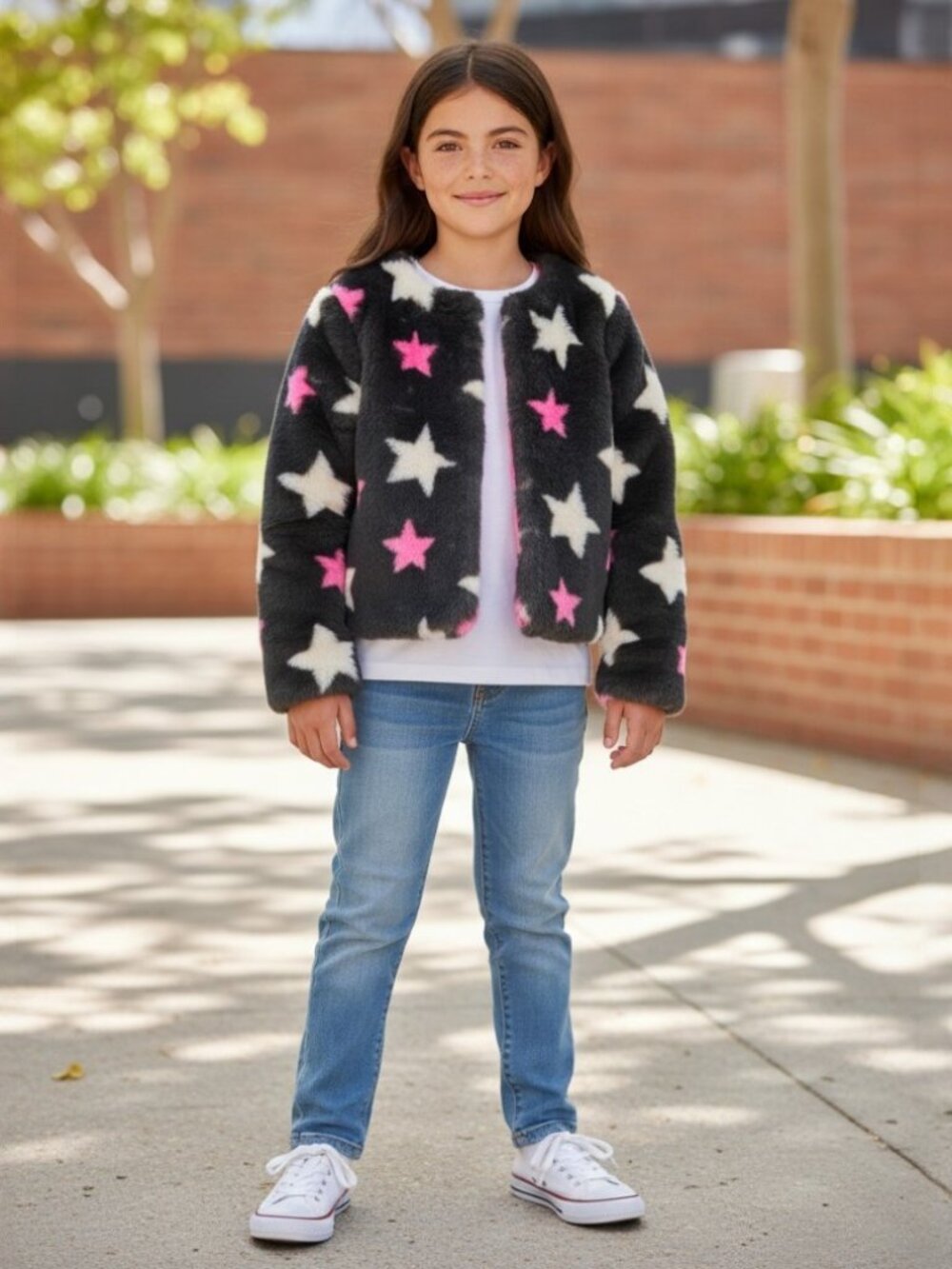 Cat & Jack Girls' Faux Fur Jacket with Stars Grey Pink White Medium 7/8 NWOT